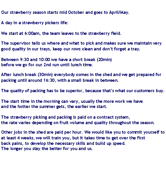 Text Box: Our strawberry season starts mid October and goes to April/May.A day in a strawberry pickers life:We start at 6:00am, the team leaves to the strawberry field.The supervisor tells us where and what to pick and makes sure we maintain very good quality in our trays, keep our rows clean and dont forget a tray.Between 9:30 and 10:00 we have a short break (20min)before we go for our 2nd run until lunch time.After lunch break (30min) everybody comes in the shed and we get prepared for packing until around 16:30, with a small break in between. The quality of packing has to be superior, because thats what our customers buy.The start time in the morning can vary, usually the more work we have and the hotter the summer gets, the earlier we start.The strawberry picking and packing is paid on a contract system, the rate varies depending on fruit volume and quality throughout the season. Other jobs in the shed are paid per hour. We would like you to commit yourself to at least 4 weeks, we will train you, but it takes time to get over the first back pains, to develop the necessary skills and build up speed. The longer you stay the better for you and us.
